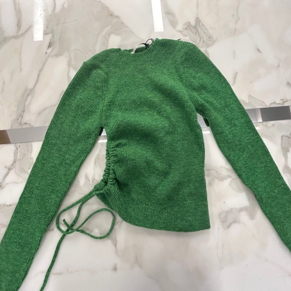 Zara Green Sweater Ruched Open Side NEW